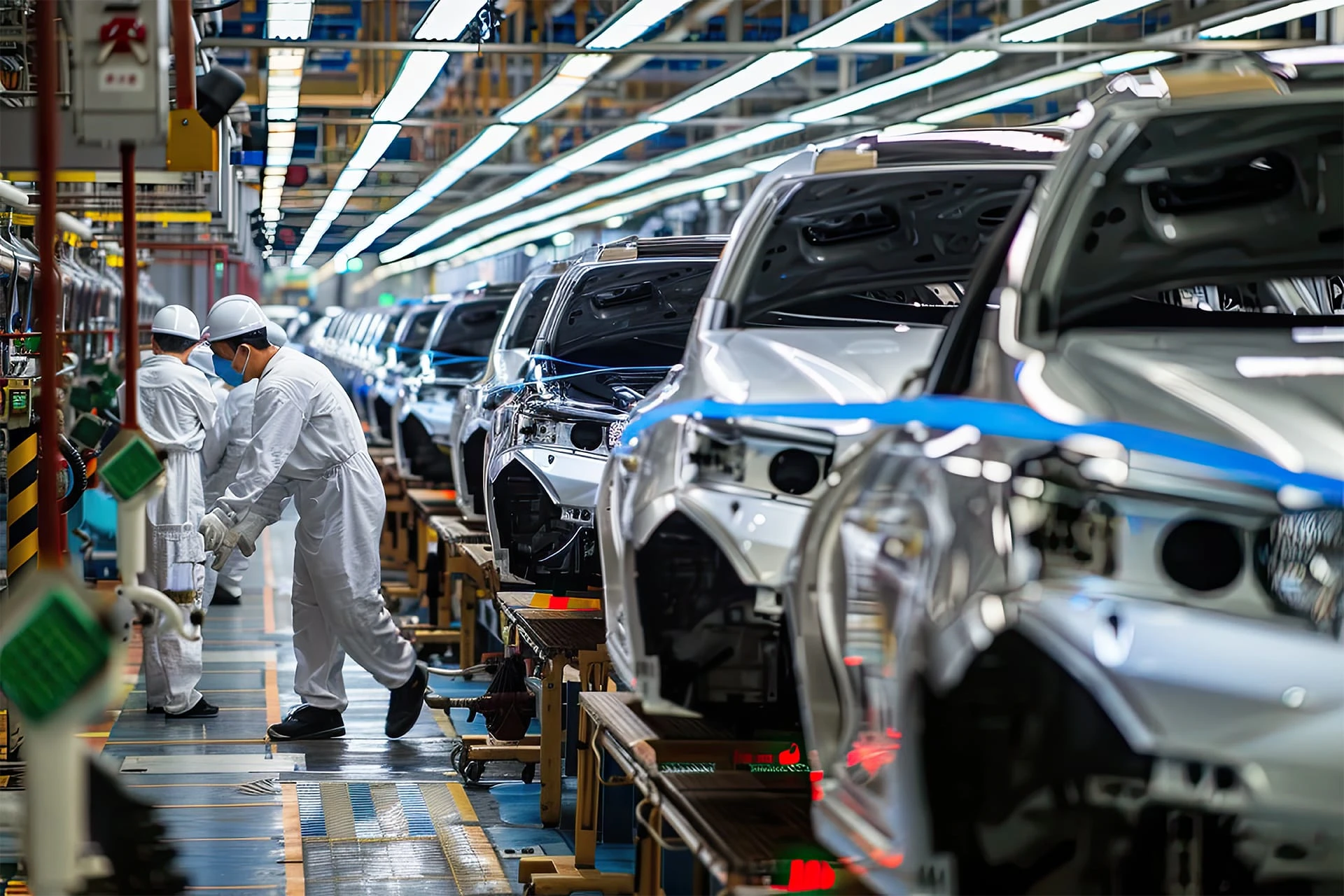 Vehicle body assembly line in an automotive factory